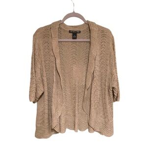 Lauren Michelle Tan Open Front Knit Cardigan Rolled Collar Short Sleeves Size 2X
